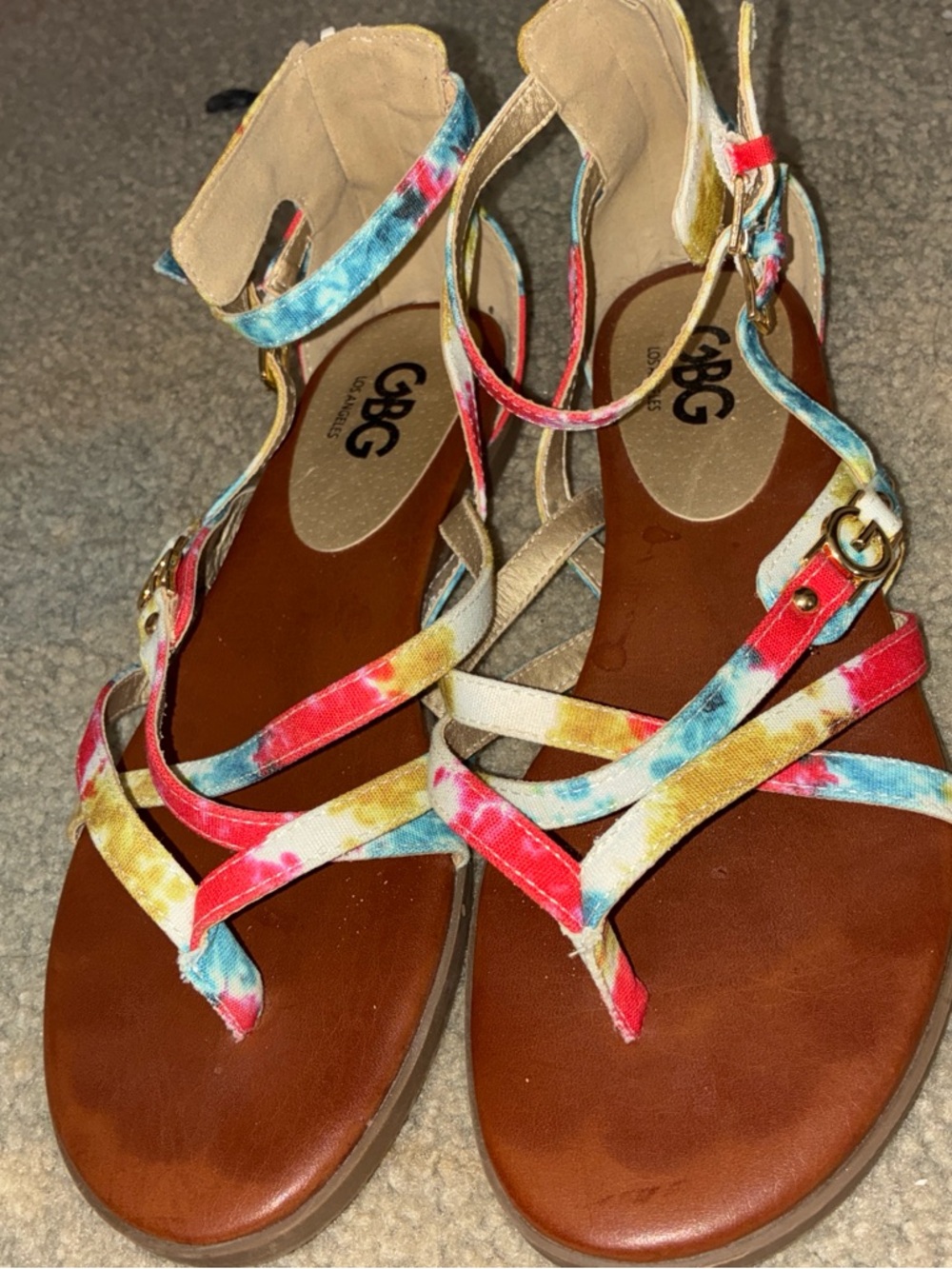 GBG Los Angeles Multicolor Tie-Dye Strappy Flat Sandals - Red, Blue, Yellow